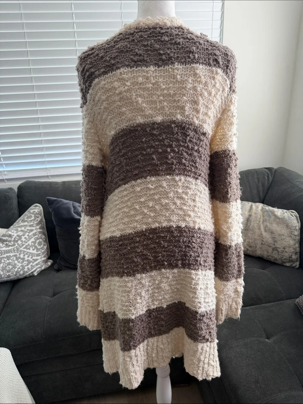Free People Cream & Brown Striped Open-Front Cardigan